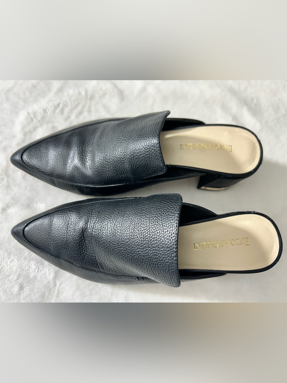 Enzo Angiolini Black Pointed Leather Backless Mules Gold Details Size 7 - Picture 1 of 14